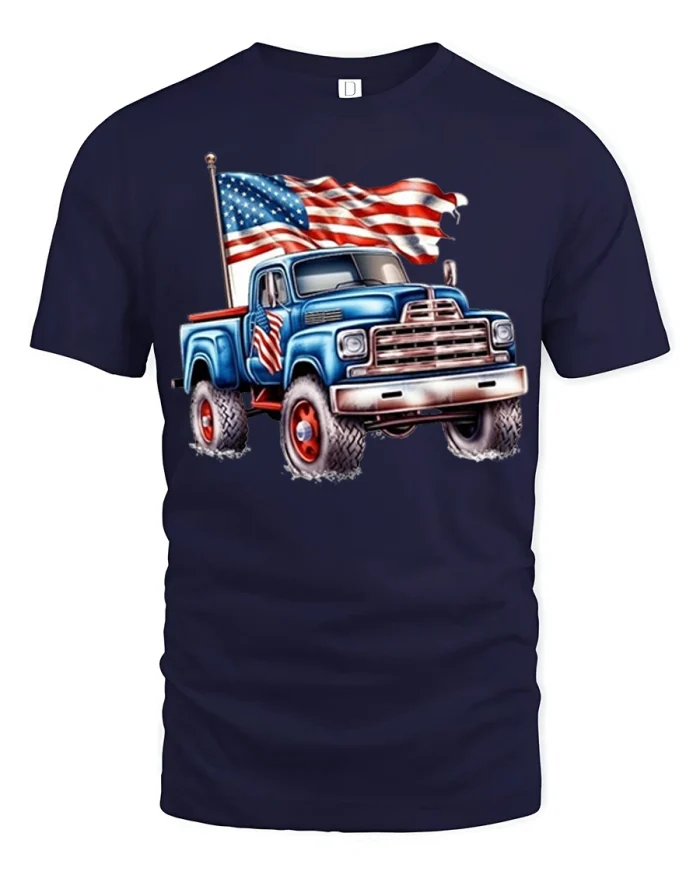 Patriotic Vintage Truck American Flag Graphic Tshirt Soft Tee - navy t-shirt on white background