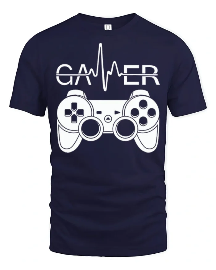 Gamer Heartbeat Controller Graphic Tshirt Premium Cotton Tee - navy t-shirt on white background