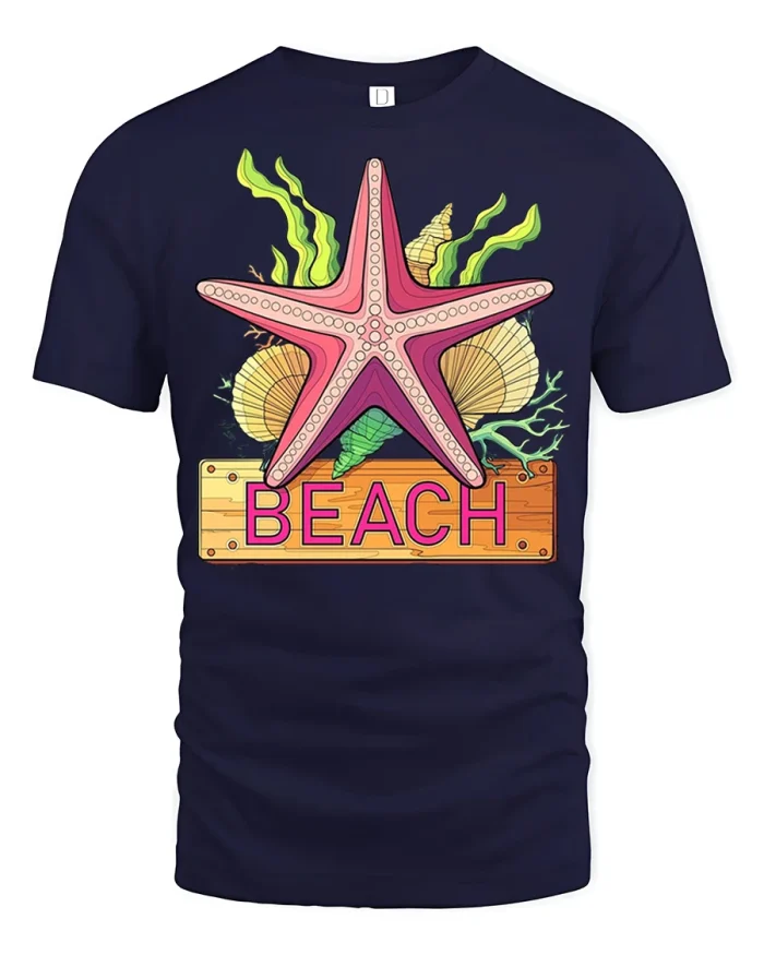 Vibrant Starfish Beach Life Graphic Tshirt Premium Cotton Tee - navy t-shirt on white background