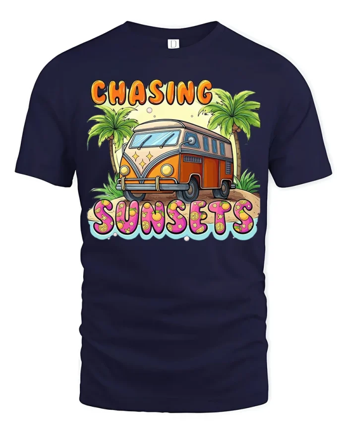 Chasing Sunsets Vintage Van Graphic Tshirt Premium Soft Tee - navy t-shirt on white background