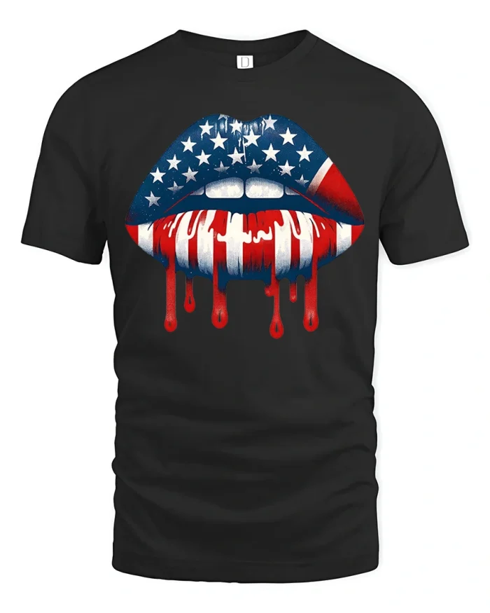 American Flag Dripping Lips Patriotic Graphic Tee Bold Style - black t-shirt on white background