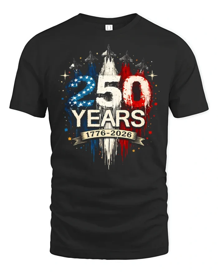 USA 250 Years Patriotic Independence Celebration Graphic Tee Shirt - black t-shirt on white background