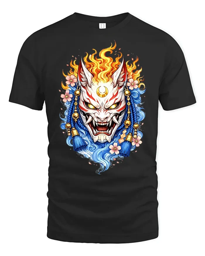 Japanese Kitsune Oni Mask Graphic Tee Vintage Anime Style Tshirt - black t-shirt on white background