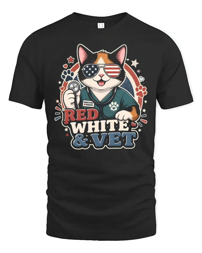 Red White And Vet Patriotic Cat Graphic Tee Funny Vet Tshirt - black t-shirt on white background
