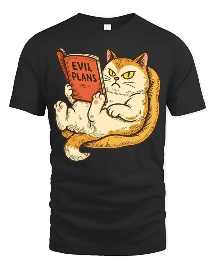 Funny Evil Plans Reading Cat Cartoon Graphic Tee Cute Tshirt - black t-shirt on white background