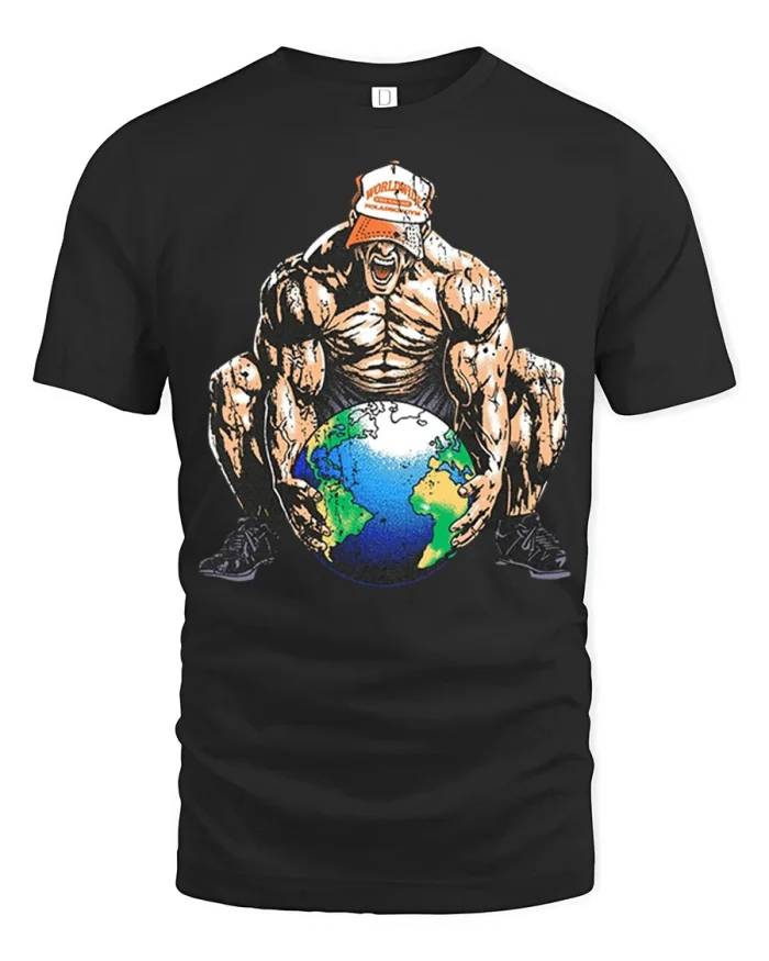 World Strongest Bodybuilder Lifting Earth Graphic Tee Fitness Tshirt - black t-shirt on white background