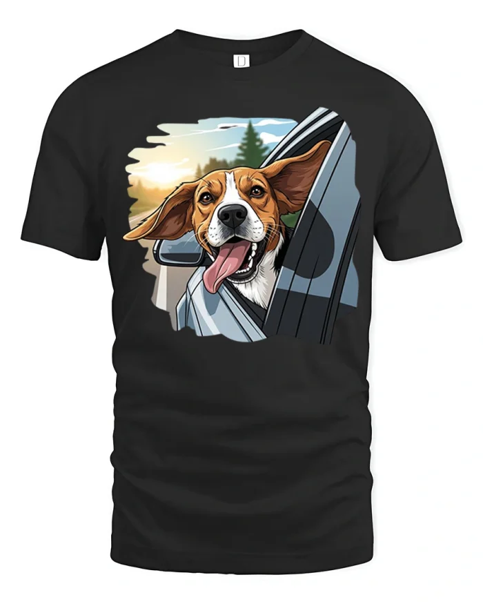 Happy Beagle Dog Riding In Car Window Graphic Tee Funny Tshirt - black t-shirt on white background