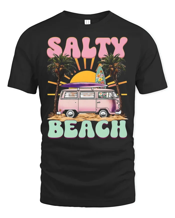 Salty Beach Vintage Surf Van Graphic Tee Retro Summer Tshirt - black t-shirt on white background