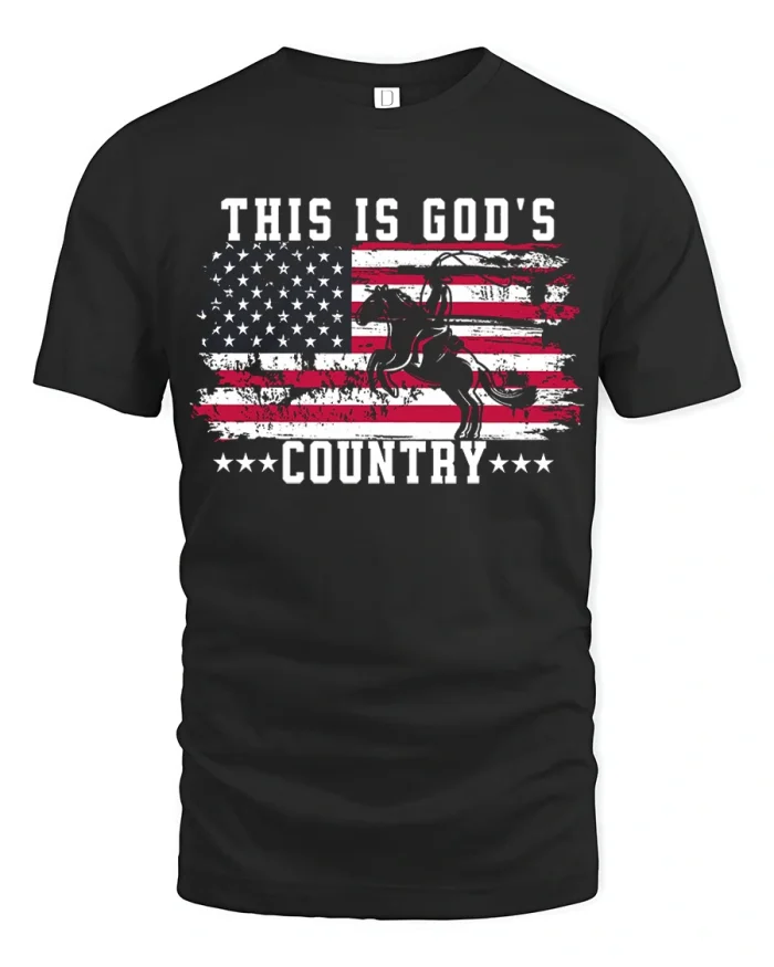 This Is Gods Country Cowboy American Flag Graphic Tee Tshirt - black t-shirt on white background