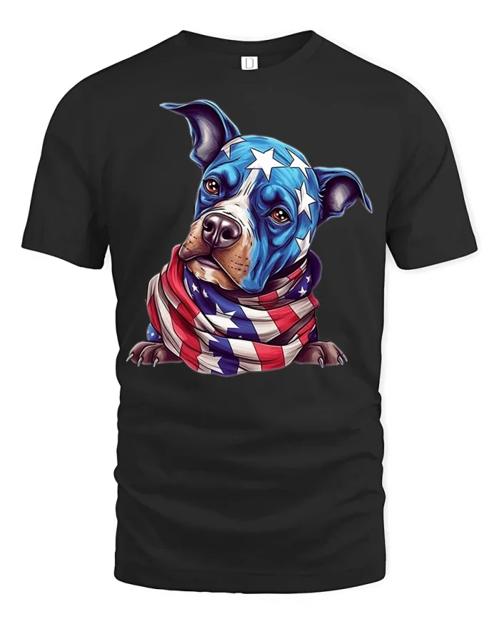 Patriotic American Pit Bull Dog Graphic Tee with Vintage Style - black t-shirt on white background