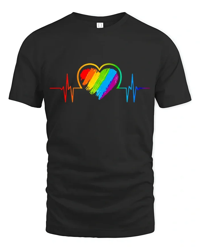 Rainbow Heartbeat Pride Graphic Tee Colorful Love Equality Shirt - black t-shirt on white background