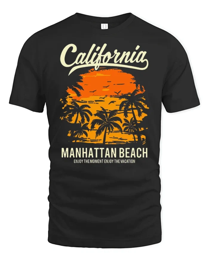 California Manhattan Beach Sunset Vintage Graphic Tee Vacation Style - black t-shirt on white background