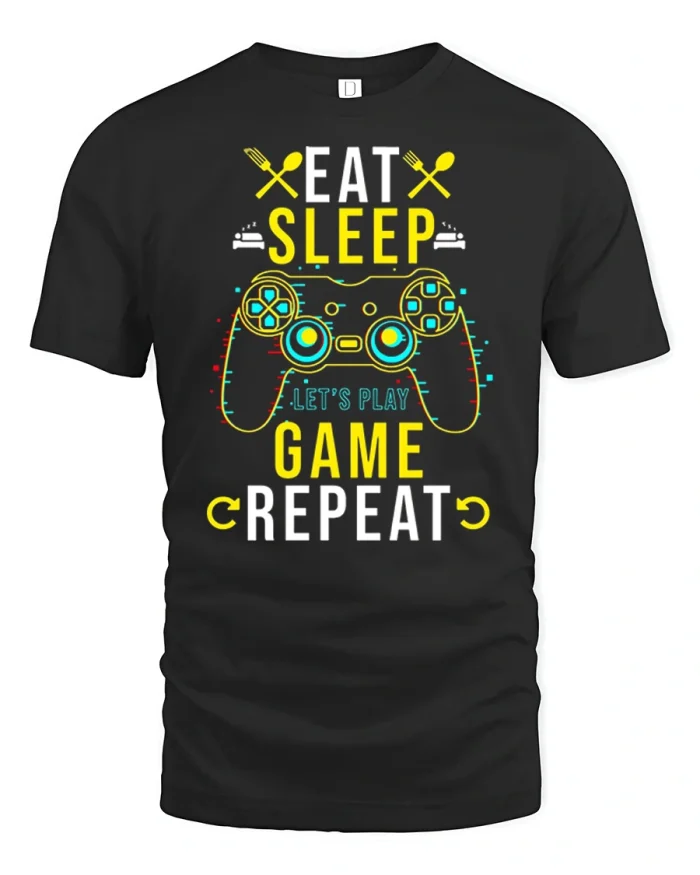 Eat Sleep Game Repeat Funny Gamer Graphic Tee Classic Gaming Style - black t-shirt on white background