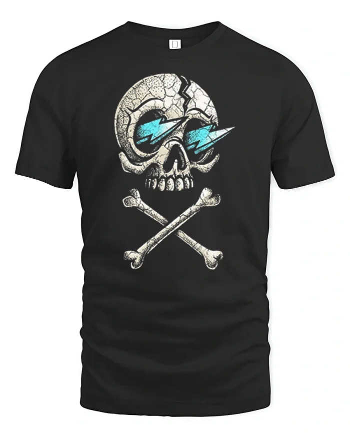 Vintage Skull With Lightning Eyes Graphic Tee Gothic Street Style - black t-shirt on white background