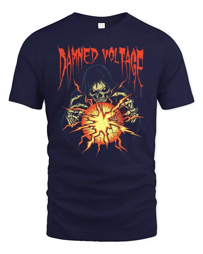 Damned Voltage Grim Reaper Lightning Graphic Tee Gothic Style - navy t-shirt on white background