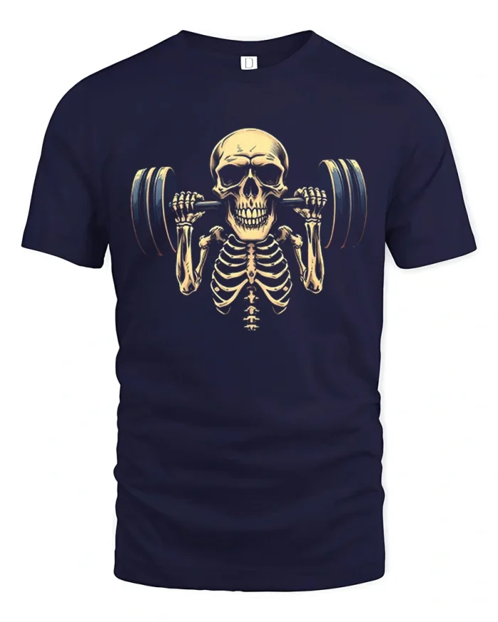 Skull Weightlifting Gym Graphic Tee Vintage Fitness Power Style - navy t-shirt on white background