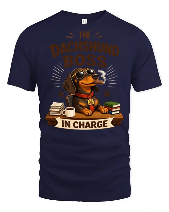 The Dachshund Boss Funny Dog Lover Graphic Tee Office Humor Style - navy t-shirt on white background
