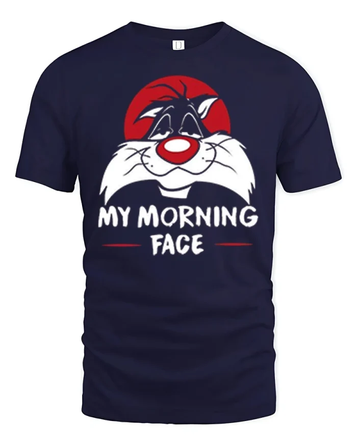 Funny My Morning Face Cartoon Cat Graphic Tee Vintage Style Tshirt - navy t-shirt on white background