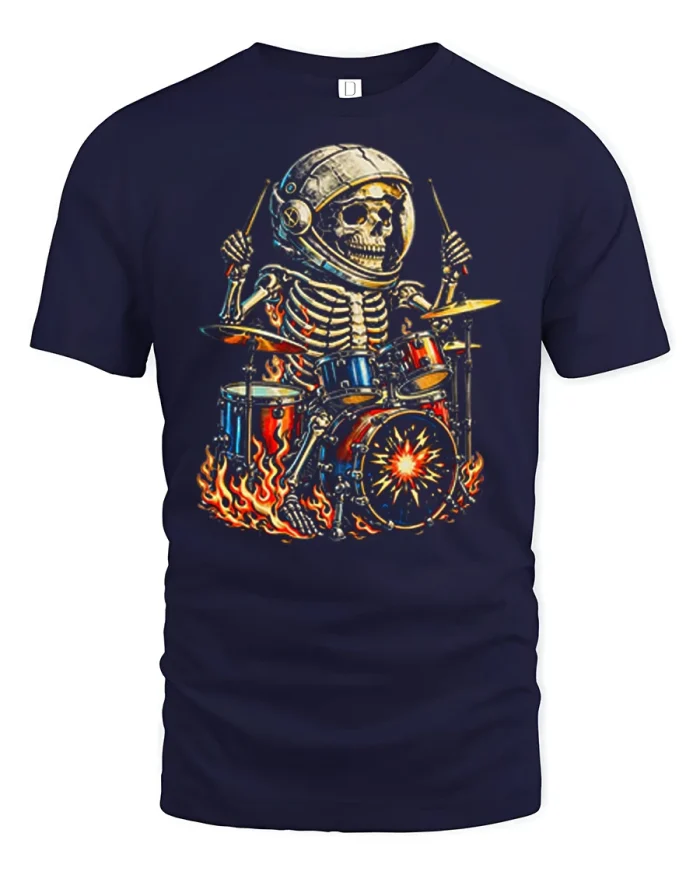 Flaming Skeleton Drummer Astronaut Graphic Tee Vintage Rock Tshirt - navy t-shirt on white background