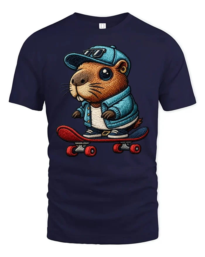 Cute Skateboarding Beaver Cartoon Graphic Tee Funny Animal Tshirt - navy t-shirt on white background