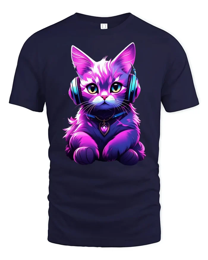 Cute Music Lover Cat With Headphones Graphic Tee Funny Tshirt - navy t-shirt on white background