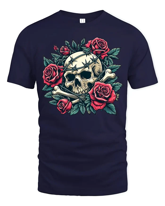 Gothic Skull and Red Roses Vintage Graphic T Shirt Tee - navy t-shirt on white background