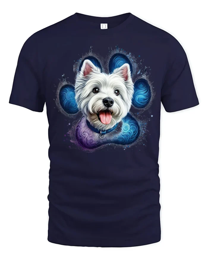 Westie Dog Paw Print Watercolor Graphic T Shirt Cute Pet Tee - navy t-shirt on white background