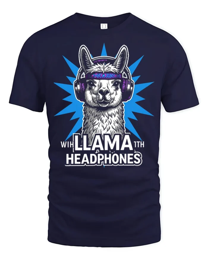 Funny Llama with Headphones Music Lover Graphic T Shirt Tee - navy t-shirt on white background