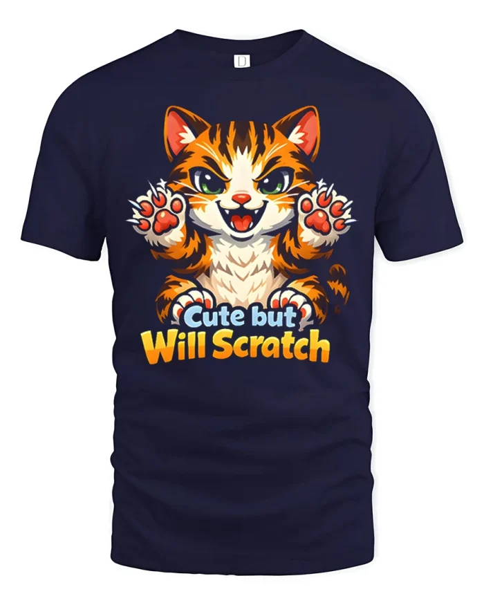 Cute But Will Scratch Funny Angry Cat Graphic T Shirt Tee - navy t-shirt on white background