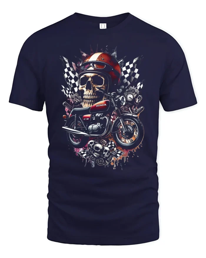 Vintage Cafe Racer Skull Motorcycle Graphic T Shirt Tee - navy t-shirt on white background