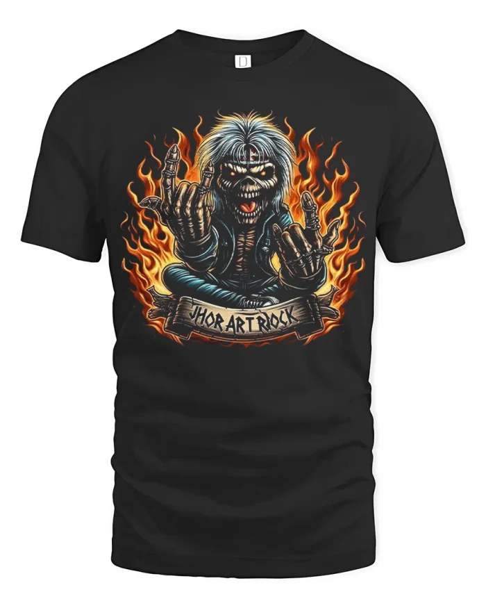 Heavy Metal Skeleton Rock Hand Flames Graphic T Shirt Tee - black t-shirt on white background