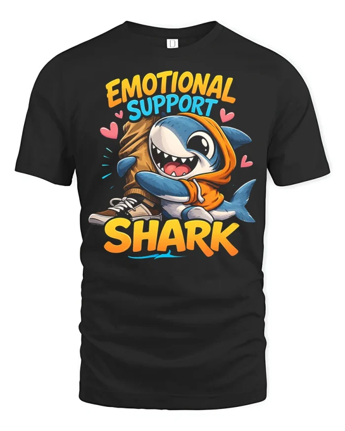 Emotional Support Shark Funny Cartoon Hug Graphic T Shirt - black t-shirt on white background
