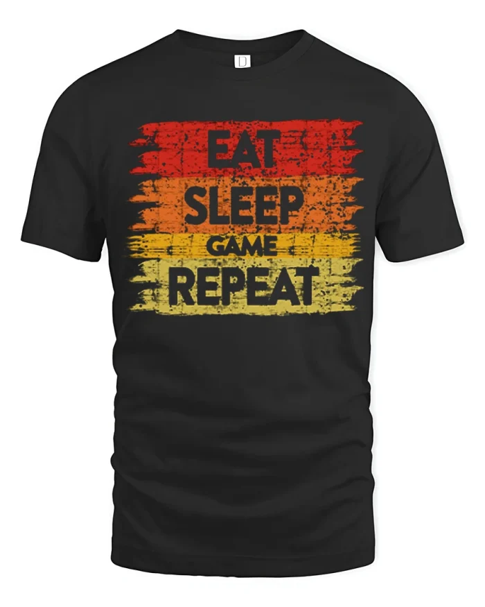 Funny Eat Sleep Game Repeat Retro Gamer Cotton Tshirt - black t-shirt on white background