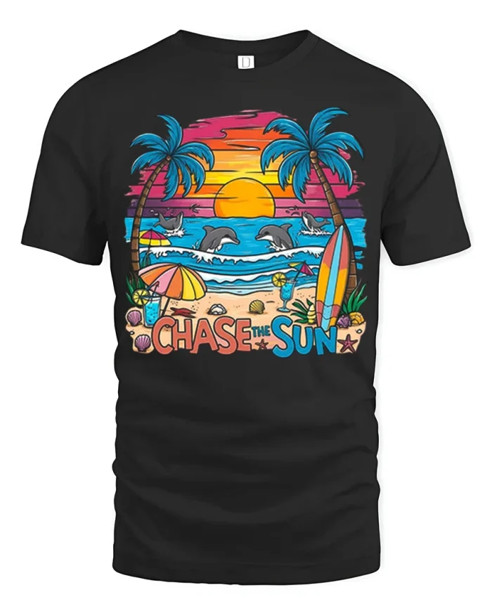 Retro Chase The Sun Dolphin Beach Sunset Cotton Tshirt - black t-shirt on white background