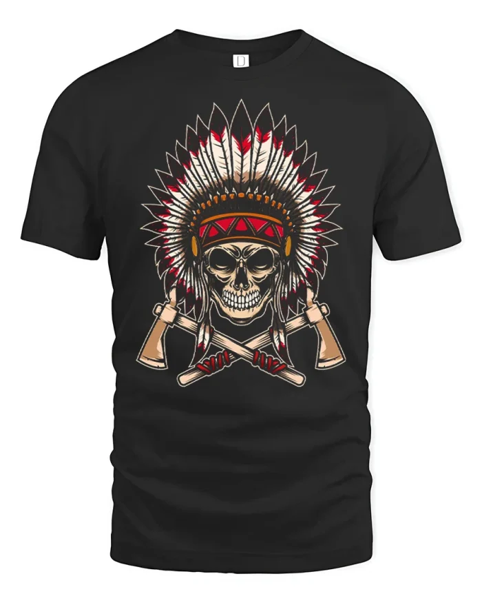 Badass Native American Headdress Skull Graphic Cotton Tee - black t-shirt on white background