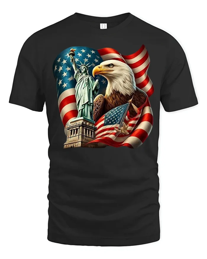 Patriotic Mount Rushmore Statue Of Liberty Eagle Cotton Tee - black t-shirt on white background