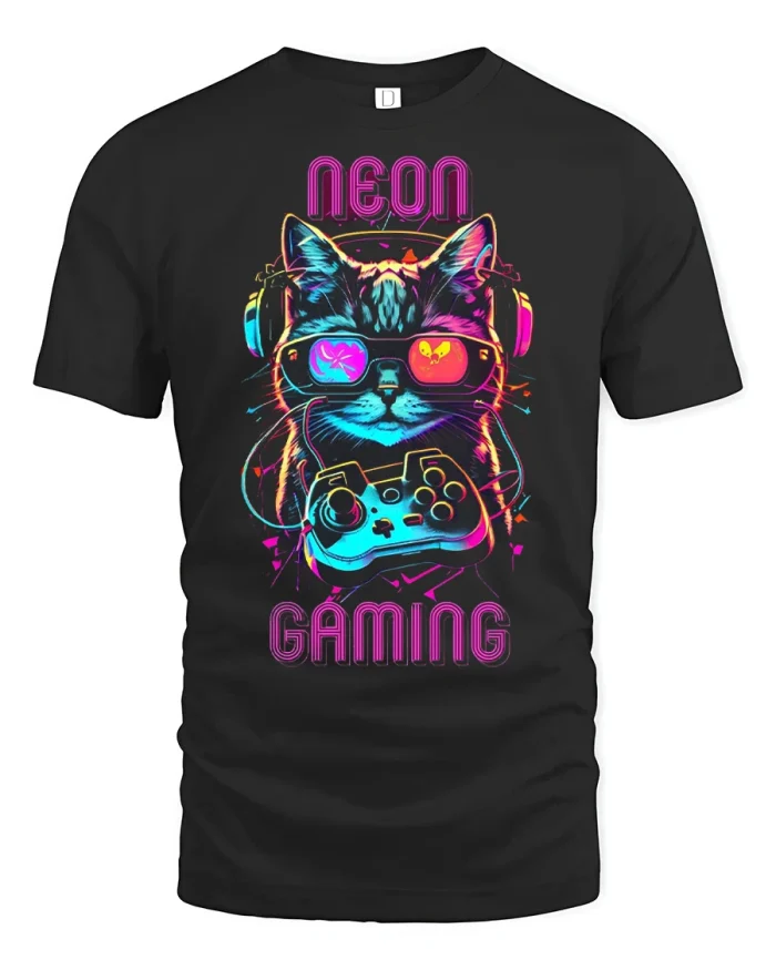 Funny Neon Gaming Cat Headset Controller Cotton Tshirt - black t-shirt on white background