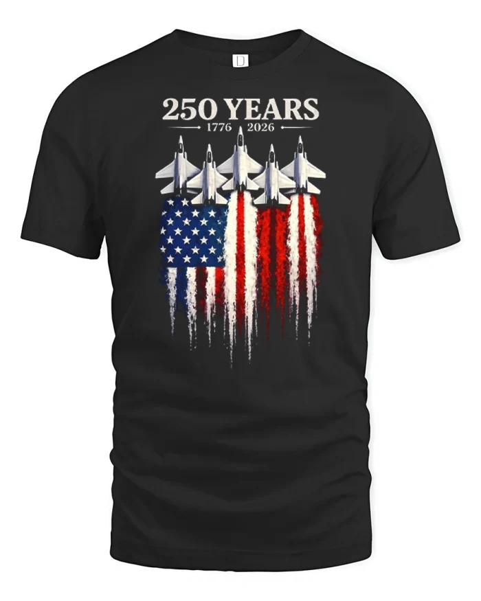 Patriotic 250 Years 1776 2026 US Jet Flag Graphic Tee - black t-shirt on white background