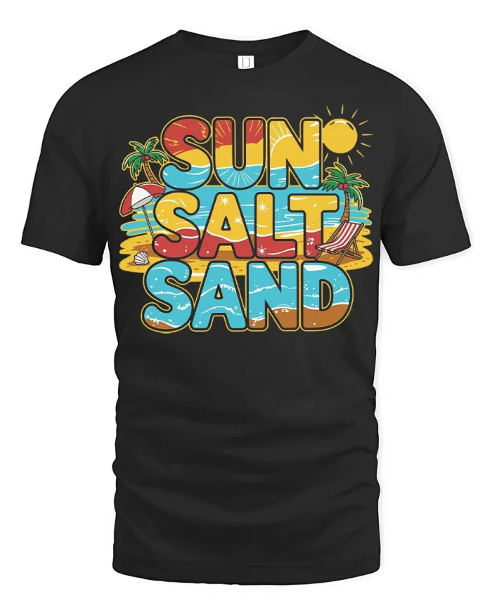 Sun Salt Sand Beach Vacation Retro Graphic T Shirt Tee - black t-shirt on white background