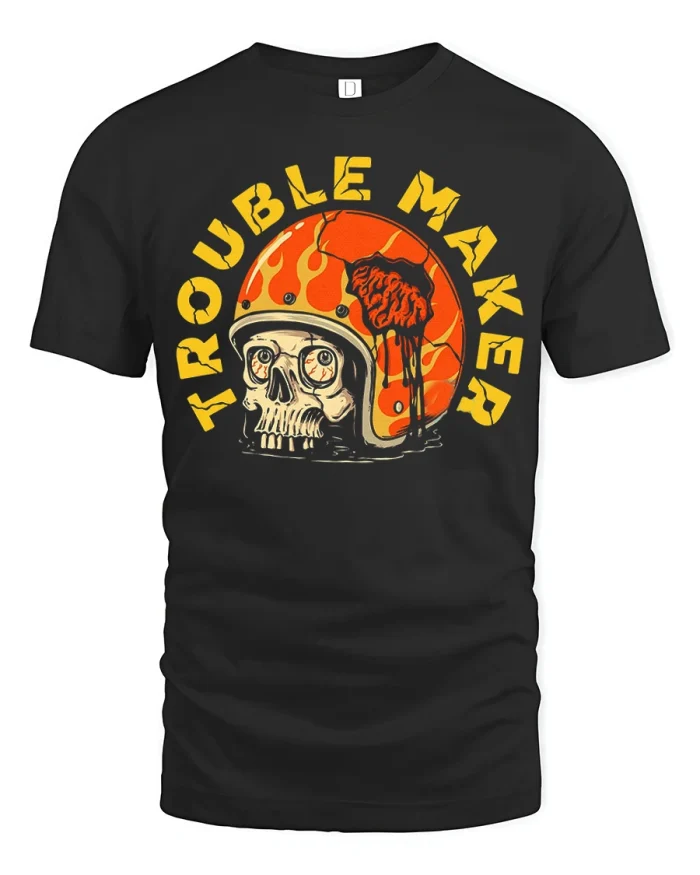 Funny Trouble Maker Motorcycle Helmet Skull Cotton Tshirt - black t-shirt on white background