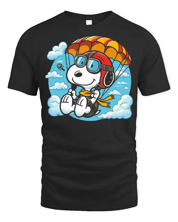 Cute Skydiving Beagle Cartoon Adventure Graphic T Shirt Tee - black t-shirt on white background