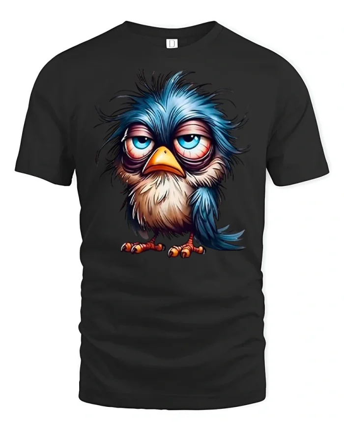 Sleepy Blue Grumpy Bird Cartoon Graphic Premium T Shirt - black t-shirt on white background