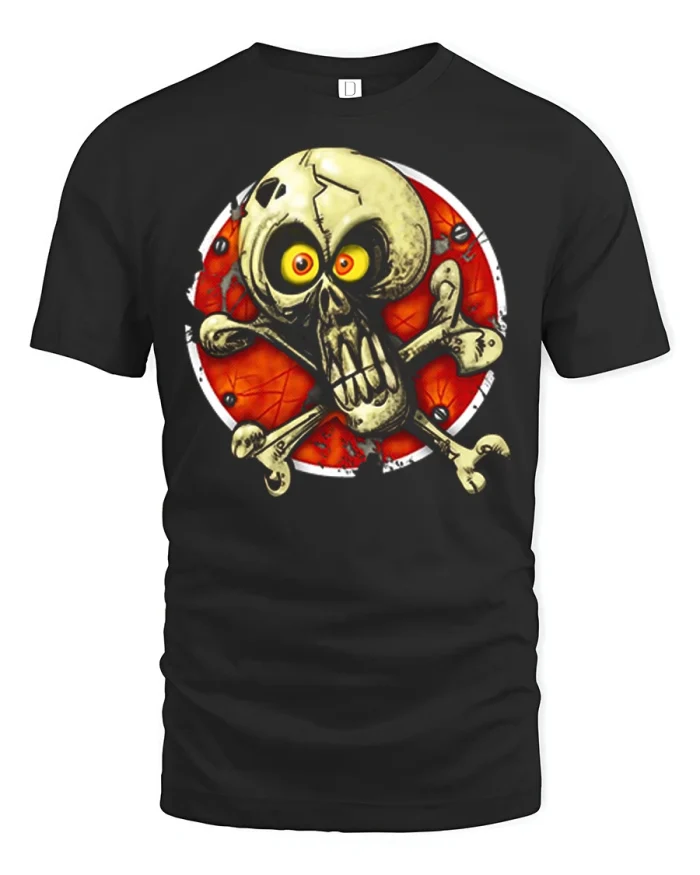 Vintage Crazy Eyed Skull And Crossbones Graphic Pirate T Shirt - black t-shirt on white background