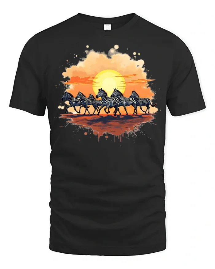 Sunset Zebra Herd Safari Wildlife Art Premium Graphic T Shirt - black t-shirt on white background