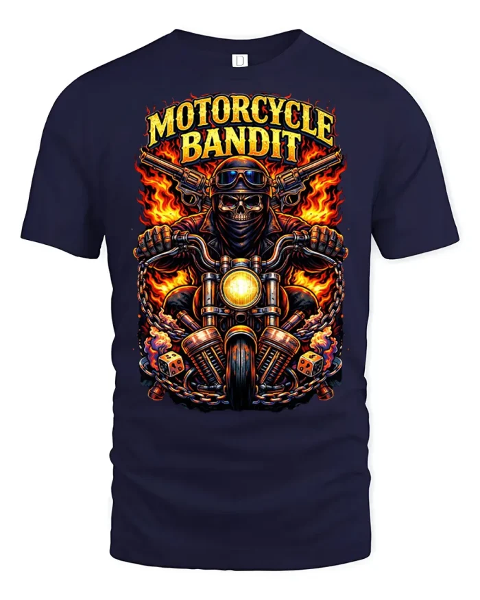 Flaming Motorcycle Bandit Skull Rider Biker Graphic T Shirt - navy t-shirt on white background