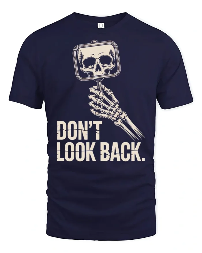 Dont Look Back Skeleton Mirror Gothic Humor Graphic T Shirt - navy t-shirt on white background