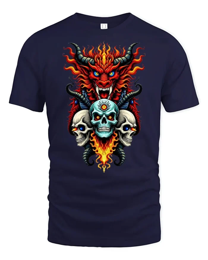 Infernal Dragon And Triple Skull Gothic Fantasy Graphic T Shirt - navy t-shirt on white background