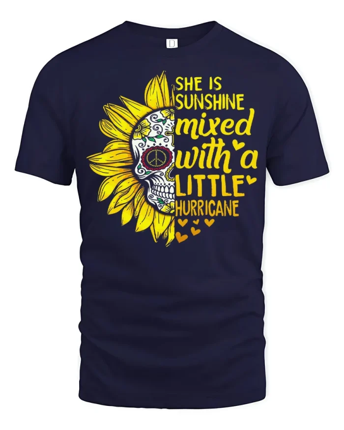 Sunshine And Hurricane Sunflower Sugar Skull Quote T Shirt - navy t-shirt on white background