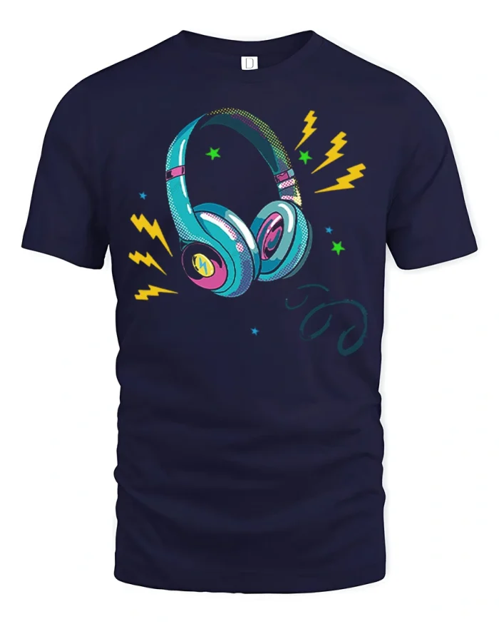 Neon Pop Art Headphones Music Lover Graphic T Shirt - navy t-shirt on white background