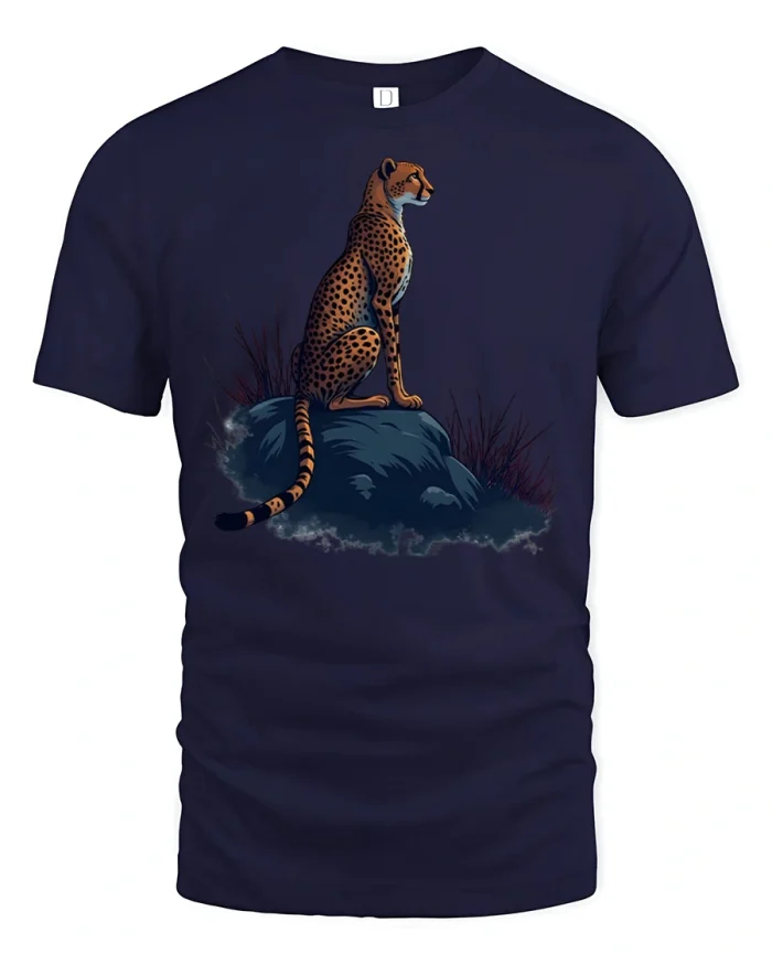 Majestic African Cheetah Rock Silhouette Graphic Cotton Tee - navy t-shirt on white background